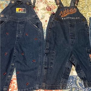 Lot of 2 infant 12 mo boys denim bib overalls trucks & sports.
